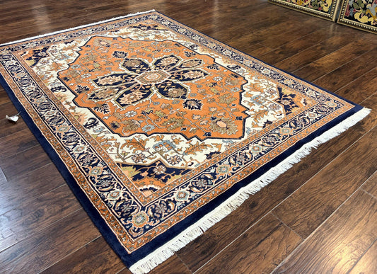 Indo Heriz Rug 6x8, Wool Hand Knotted Vintage Oriental Carpet, Orange-Red Ivory & Navy Blue, Medallion Rug, Handmade Indo Persian Rug - Nuvé