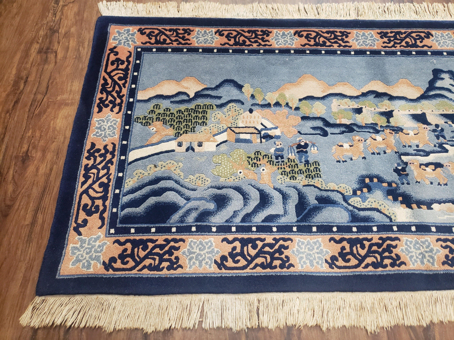 Vintage Chinese Pictorial Rug 2'4" x 4' 7", Chinese Village, Wool Hand-Knotted Blue & Teal Fine Carpet, Tapestry Rug, Woven Wall Art - Nuvé