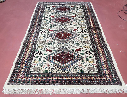 Vintage Indo Persian Area Rug 4.7 x 7.6, Wool Hand-Knotted Ivory Carpet, Animal Pictorials, Elephants Horses Lions, Indian Carpet, Unique - Nuvé