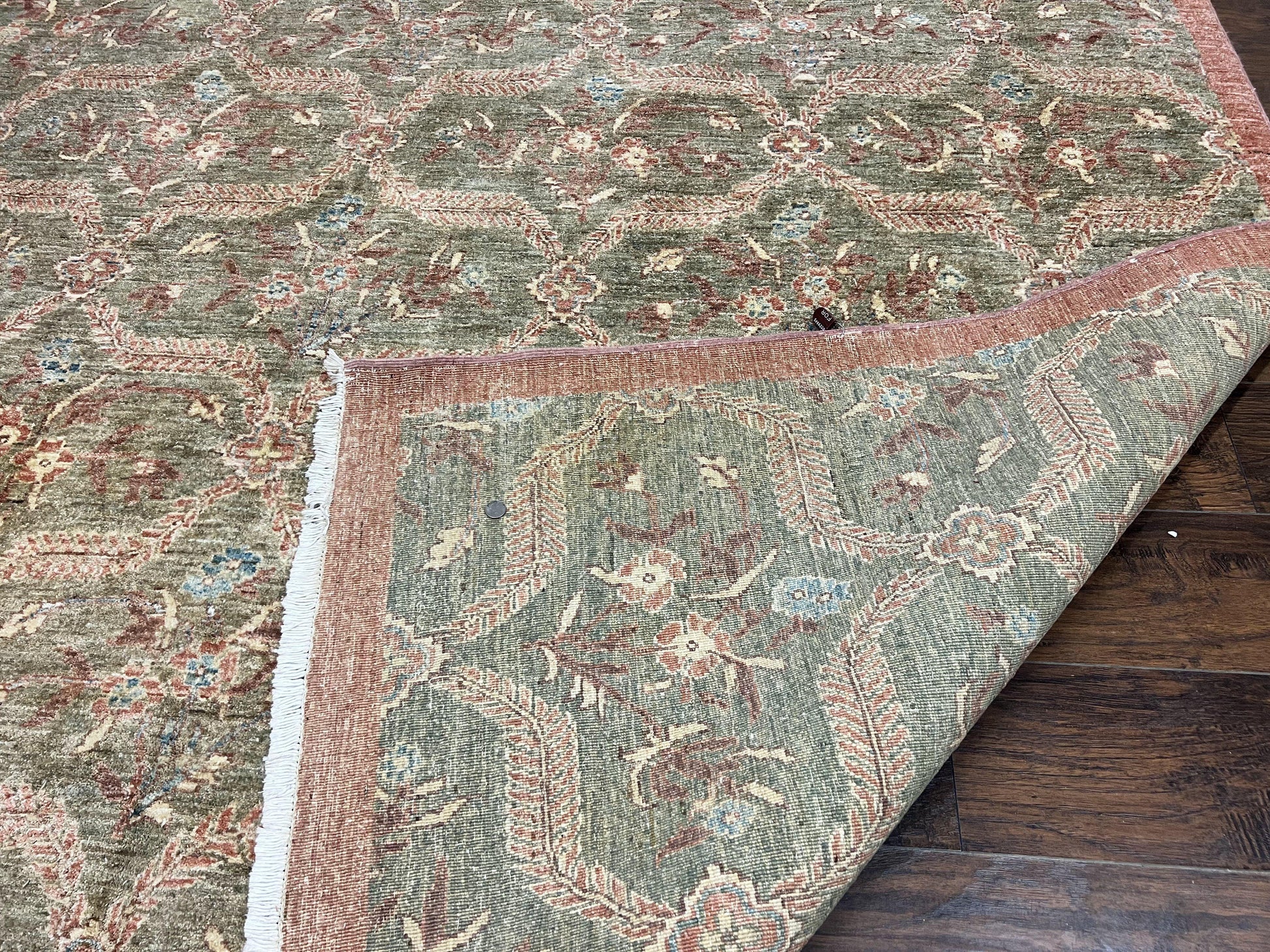 Large Modern Pakistani Rug 9x12, Handmade Wool Carpet, Peshawar Rug, Hand Knotted Oriental Rug, Contemporary, Floral, Light Green - Nuvé