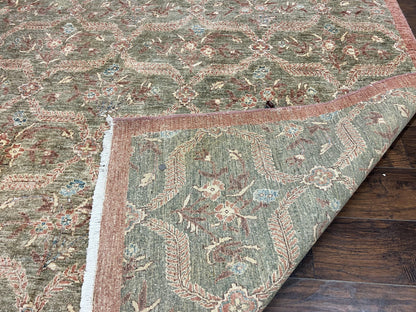 Large Modern Pakistani Rug 9x12, Handmade Wool Carpet, Peshawar Rug, Hand Knotted Oriental Rug, Contemporary, Floral, Light Green - Nuvé