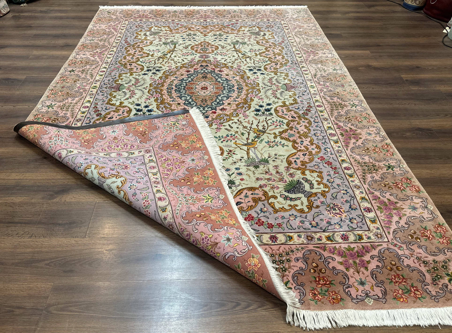 Wonderful Persian Tabriz Rug 7x10, Very Fine 330 KPSI, Light Green Light Blue Pink, Kork Wool Silk Foundation, Bird Pictorials - Nuvé