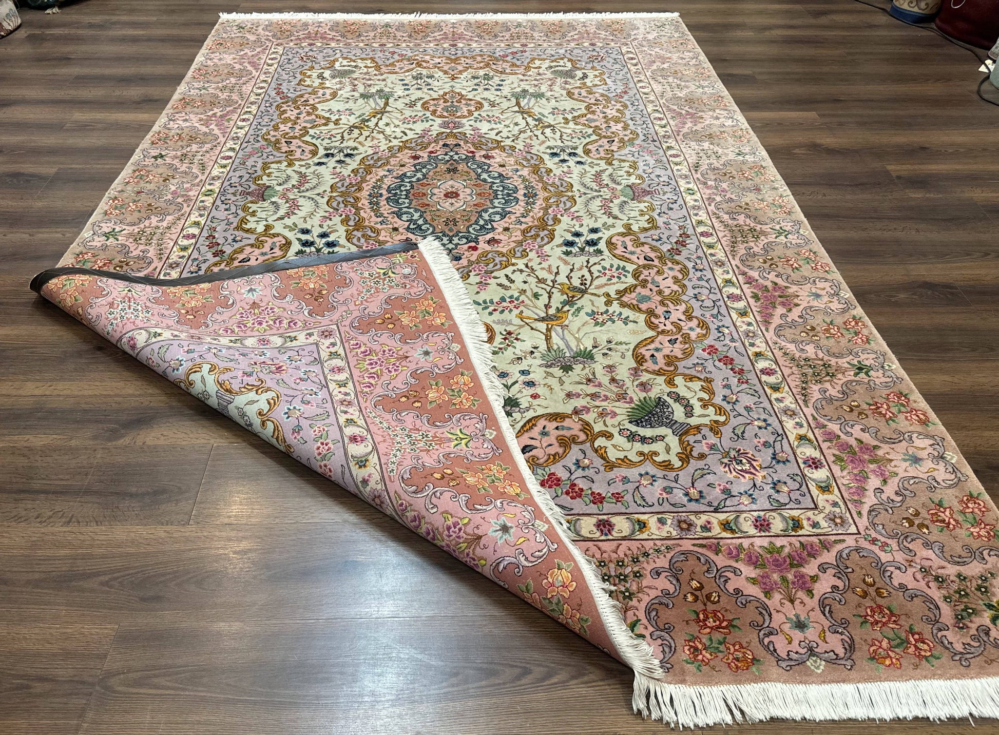 Wonderful Persian Tabriz Rug 7x10, Very Fine 330 KPSI, Light Green Light Blue Pink, Kork Wool Silk Foundation, Bird Pictorials - Nuvé