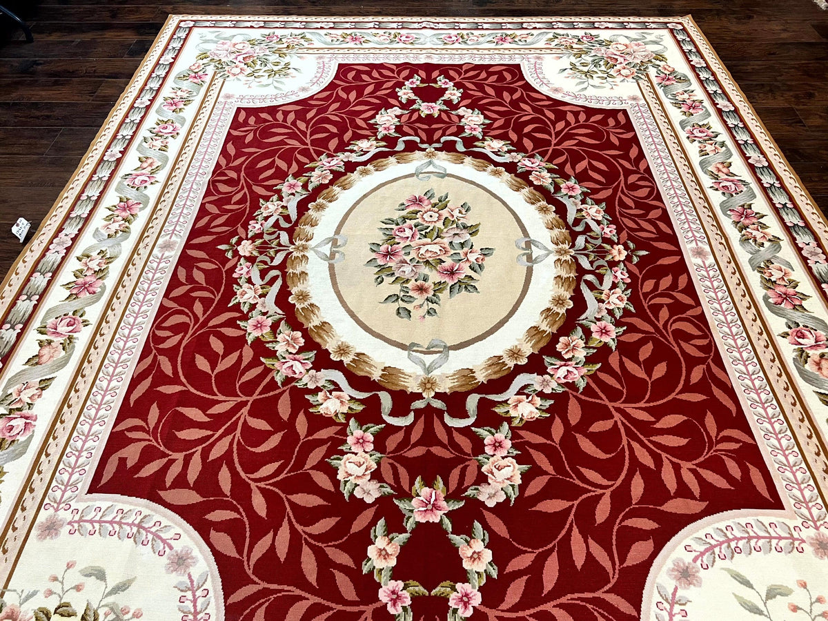 Wonderful Aubusson Rug 9x12, Handmade Vintage Needlepoint Carpet, Red and Ivory, Elegant European Design, Wool