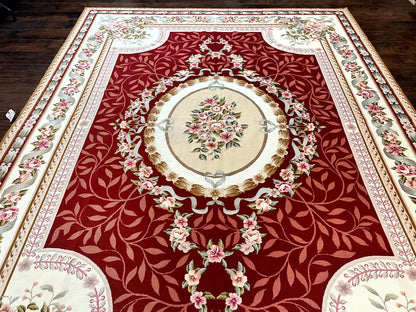 Wonderful Aubusson Rug 9x12, Handmade Vintage Needlepoint Carpet, Red and Ivory, Elegant European Design, Wool