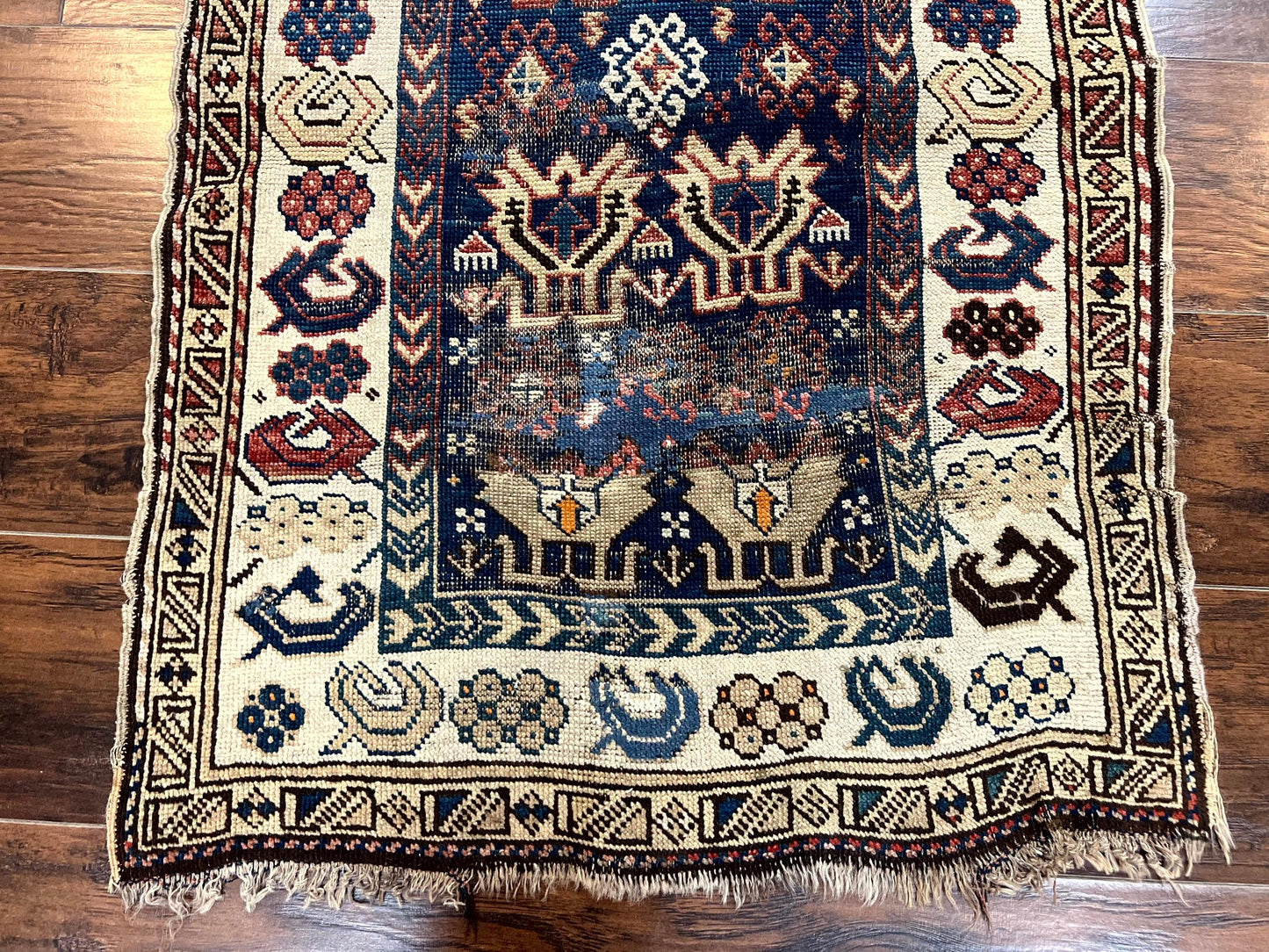 Antique Caucasian Kazak Rug 2.5 x 4, Navy Blue and Ivory, Hand Knotted Handmade Wool Rug - Nuvé