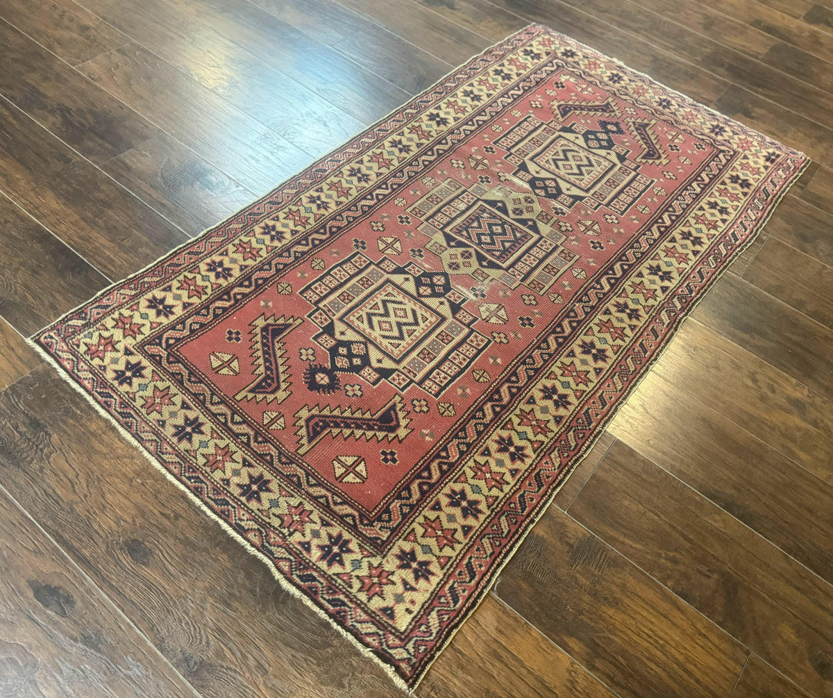 Antique Turkish Sparta Rug 3x6, Geometric Caucasian Kazak Pattern, Handmade