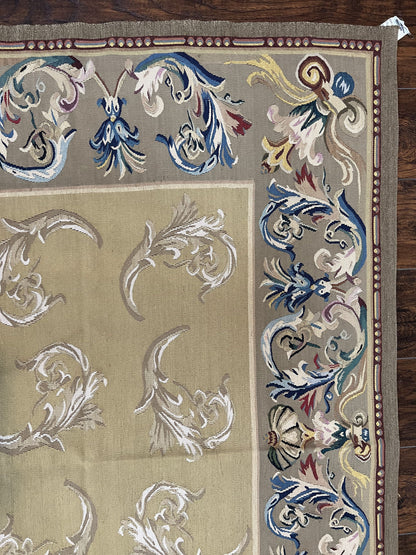 Vintage Aubusson Flatweave Area Rug 9x12, Aubusson Weave, Wool, Beige, Handmade, French European Design, 8'9" x 11'9" - Nuvé