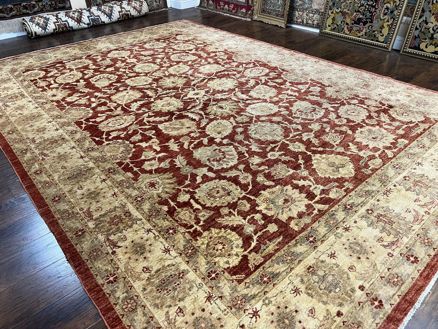 Pak Persian Rug 10x14, Sultanabad Mahal Peshawar Chobi Carpet, Large Vintage Wool Oriental Rug, Maroon & Beige, Floral Allover, Handmade - Nuvé