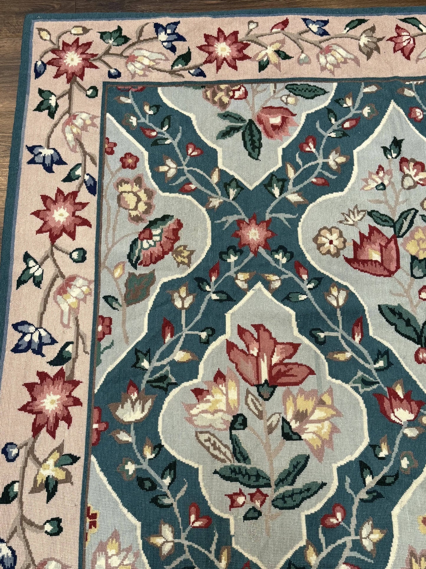 Teal Needlepoint Rug 6x9, Panel Design, Floral Bouquets, Handmade - Nuvé