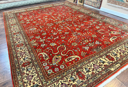 Romanian Rug 10x13, Vintage Handmade Wool Carpet, Floral Pattern, Birds, Red and Cream, Signed By Masterweaver, Persian Rug - Nuvé