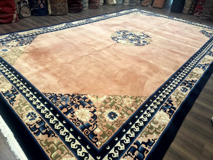 Chinese Wool Rug 11x18, Palace Sized Chinese Carpet, Peking Rug, Peach and Blue, Open Field, Simple Design, Art Deco Rug, Large Handmade Rug - Nuvé