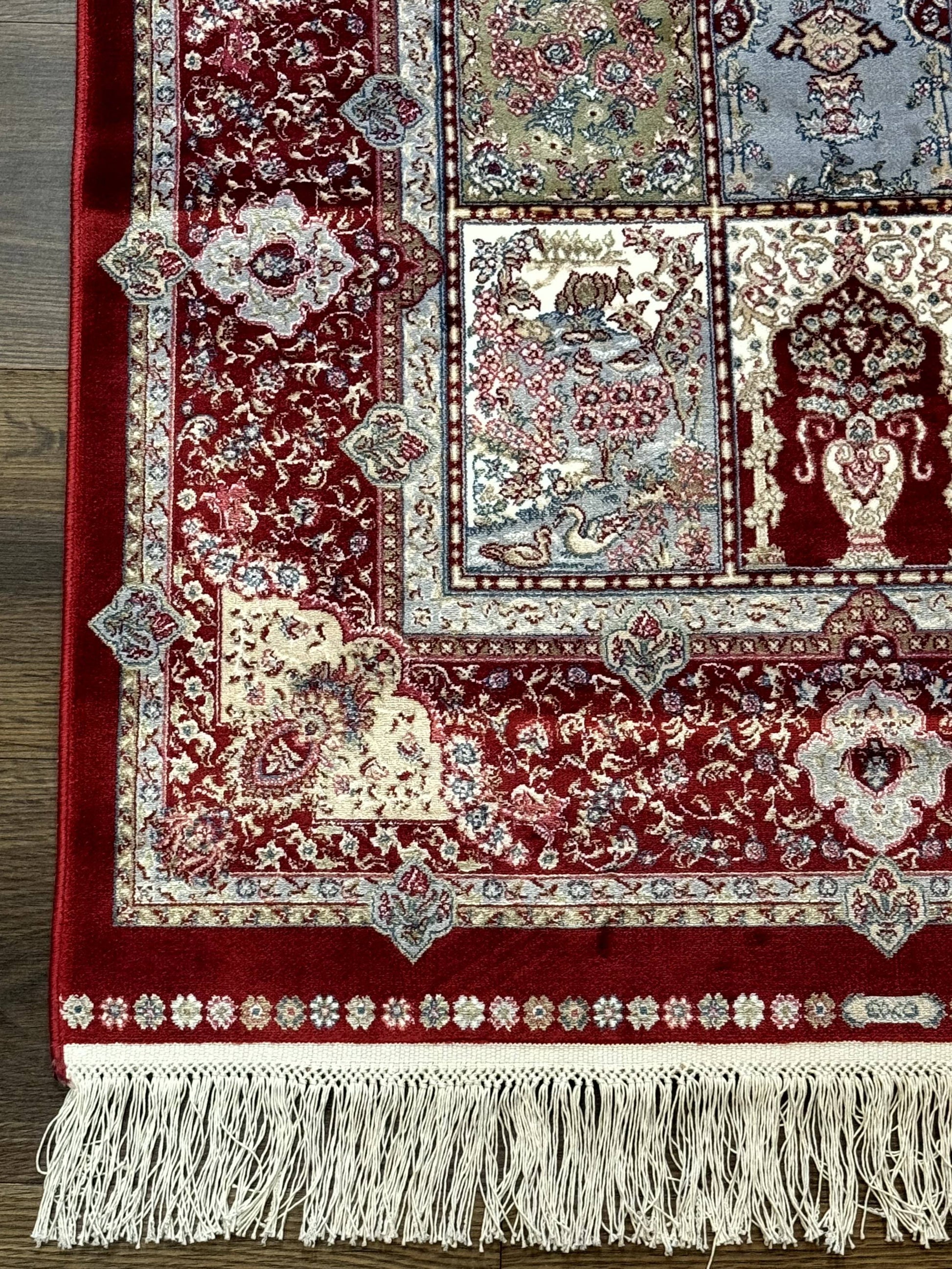 Turkish Silk Runner Rug 2.6 x 11.6, Panel Design, Dark Red Ivory, Bamboo Silk, New - Nuvé