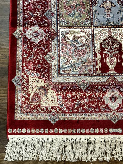 Turkish Silk Runner Rug 2.6 x 11.6, Panel Design, Dark Red Ivory, Bamboo Silk, New - Nuvé