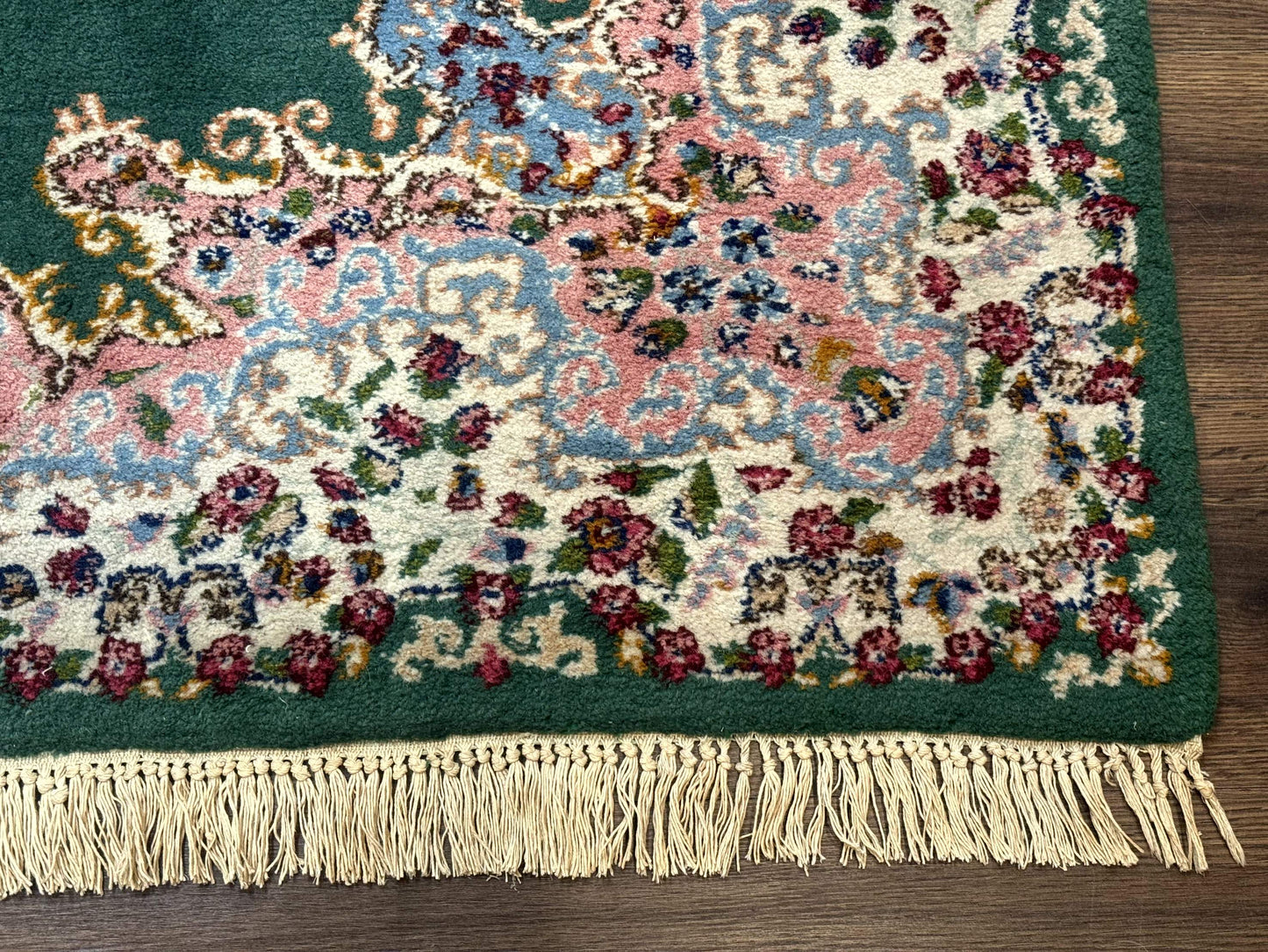 Persian Kerman Rug 4x6, Green Ivory Pink, Wool Vintage, Semi Open Field - Nuvé