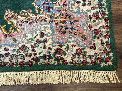 Persian Kerman Rug 4x6, Green Ivory Pink, Wool Vintage, Semi Open Field - Nuvé