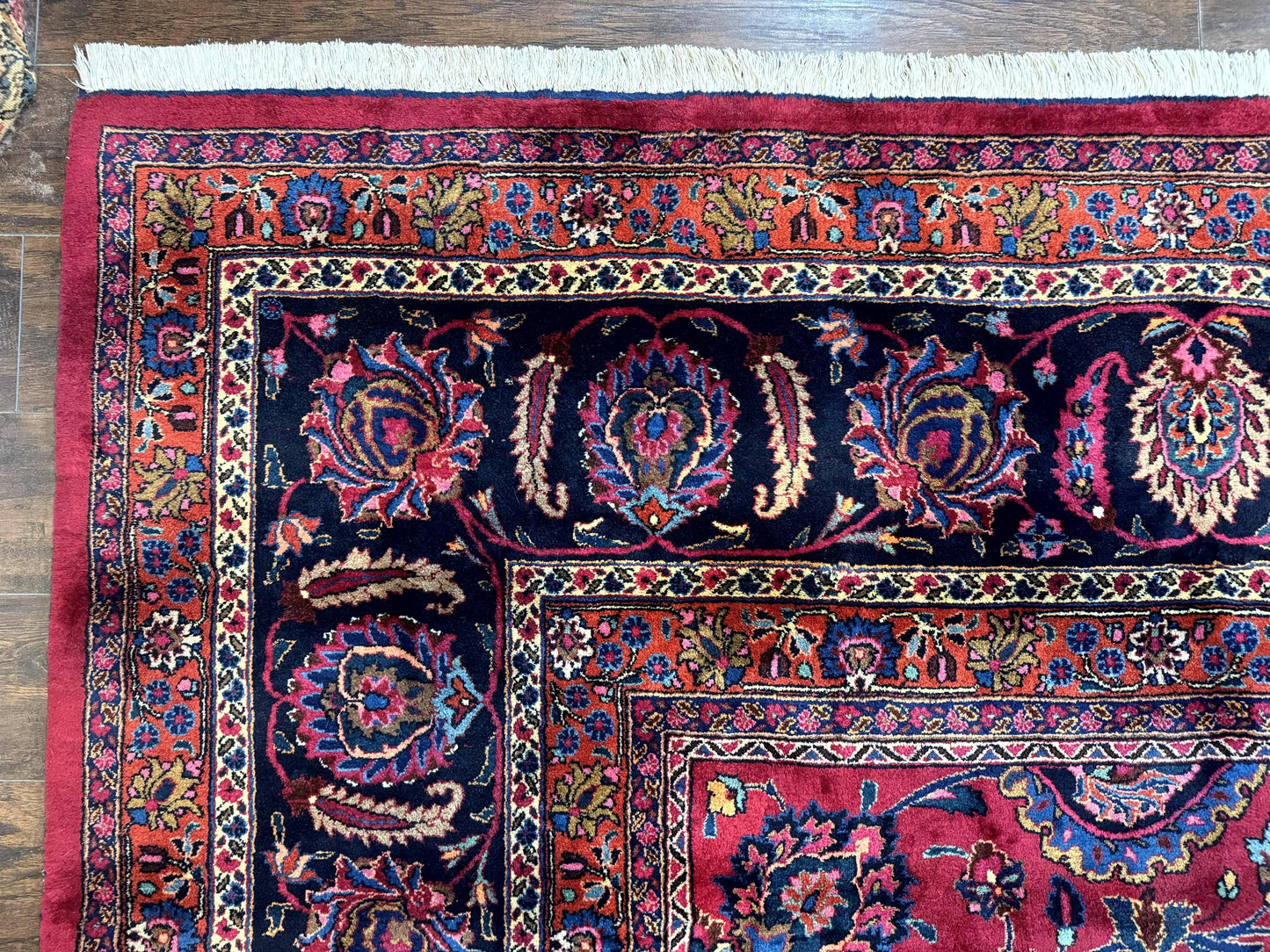Palace Size Persian Mashad Rug 12x16, Raspberry and Navy Blue, Signature from Master Weaver, Antique Handmade Large Wool Carpet - Nuvé