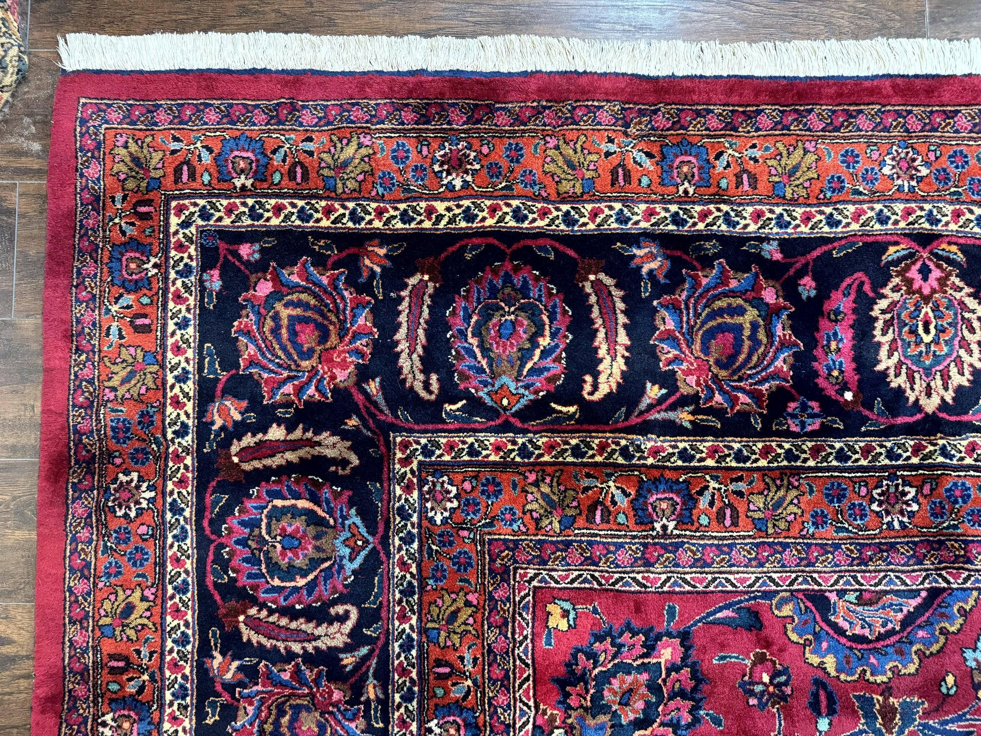 Palace Size Persian Mashad Rug 12x16, Raspberry and Navy Blue, Signature from Master Weaver, Antique Handmade Large Wool Carpet - Nuvé