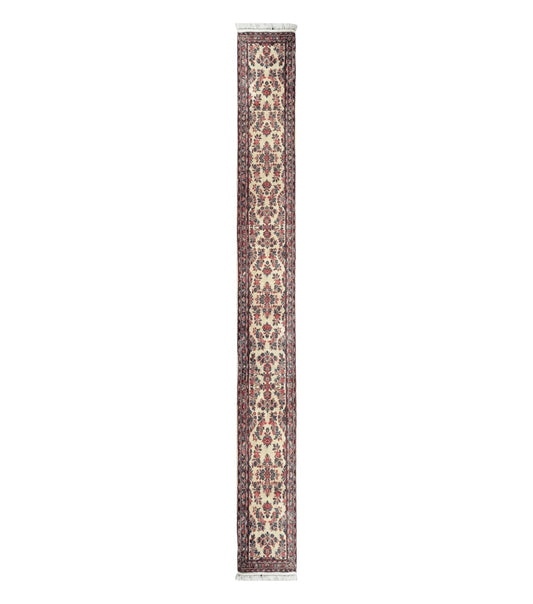 Persian Sarouk Runner Rug 2.4 x 21, Handmade Wool Floral Runner Rug for Hallway, 21ft Runner, Ivory