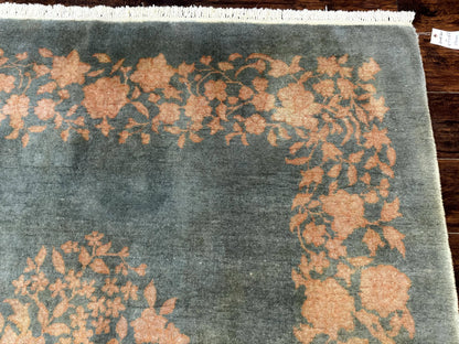 Teal Chinese Wool Rug 6x8, Vintage Handmade Carpet, Floral, Semi Open Field - Nuvé