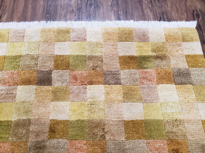 4x6 Tibetan Rug, Modern Abstract Handmade Area Rug, Checkerboard Pattern, Neutral Ivory Gold Tan Colors, Soft Pile, Mid Sized Rug, Nepali - Nuvé