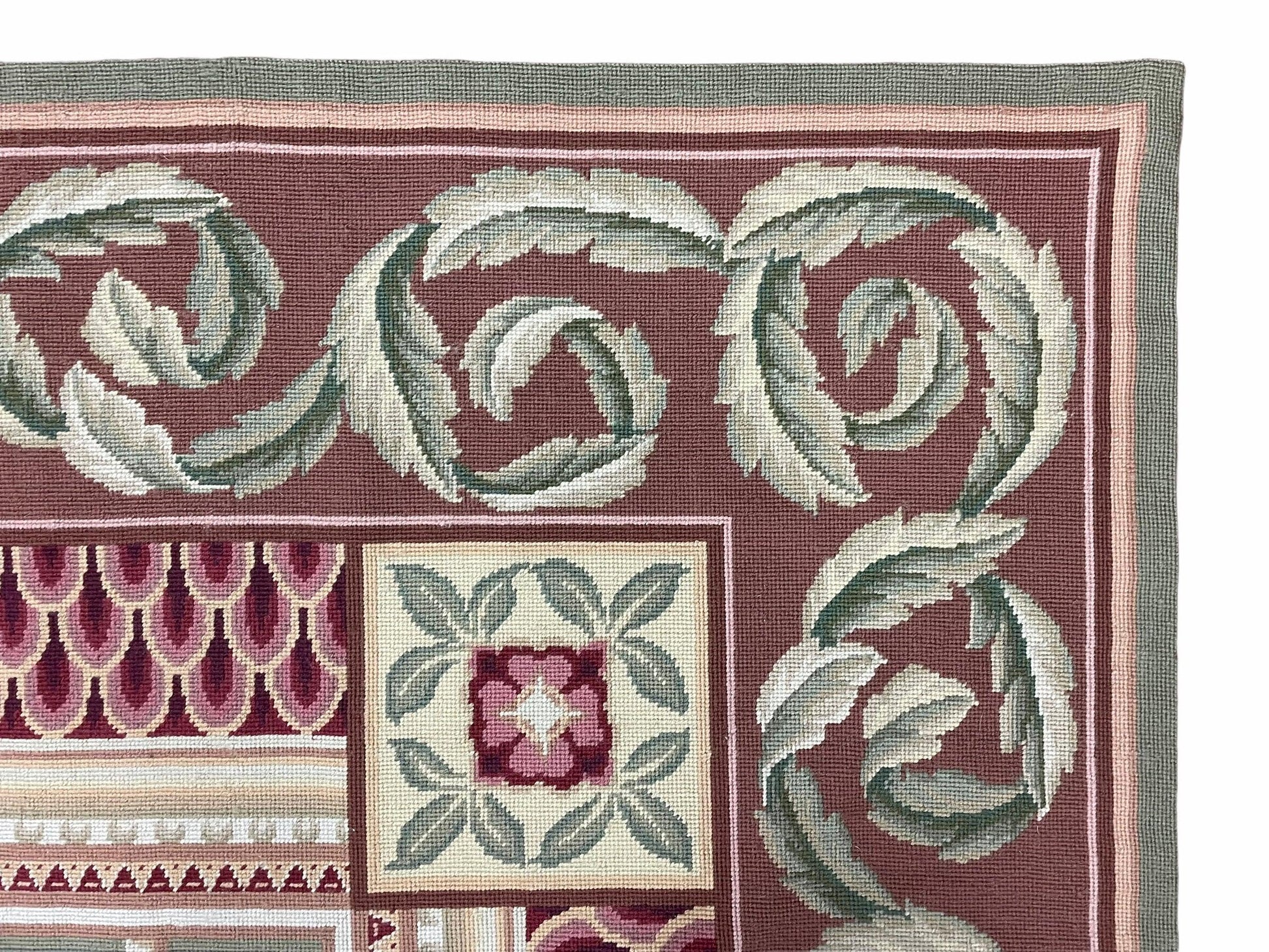Traditional Aubusson Needlepoint Rug 9 x 12, Flowers, Flatweave Carpet, Hand-Knotted, Brand New, Cream Color, Green, Maroon Red, Wool - Nuvé