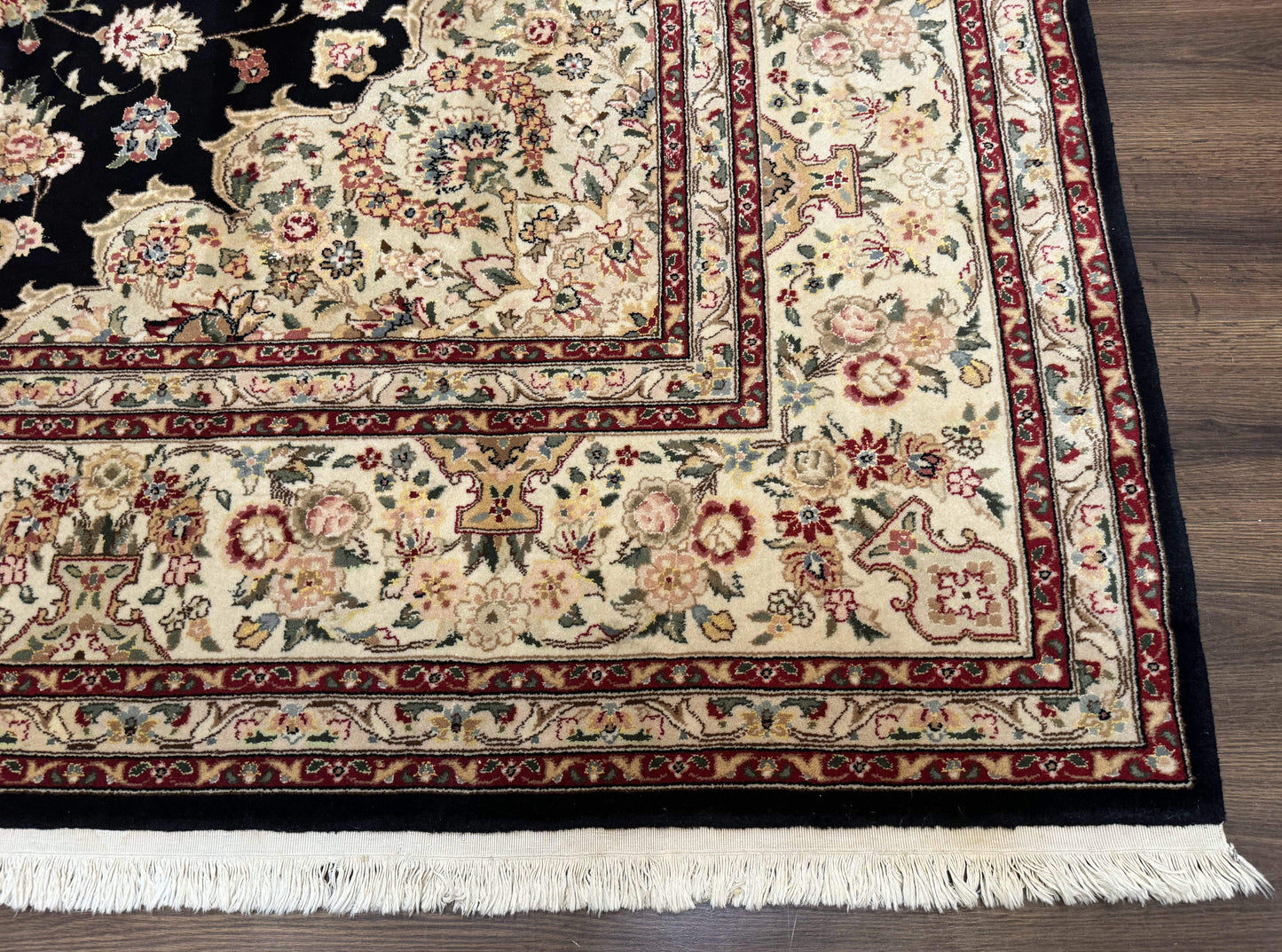 Sino Persian Rug 9x12, Black and Beige, Floral Medallion, Wool & Silk, Handmade - Nuvé