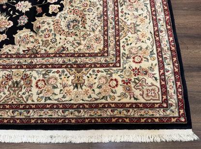 Sino Persian Rug 9x12, Black and Beige, Floral Medallion, Wool & Silk, Handmade - Nuvé