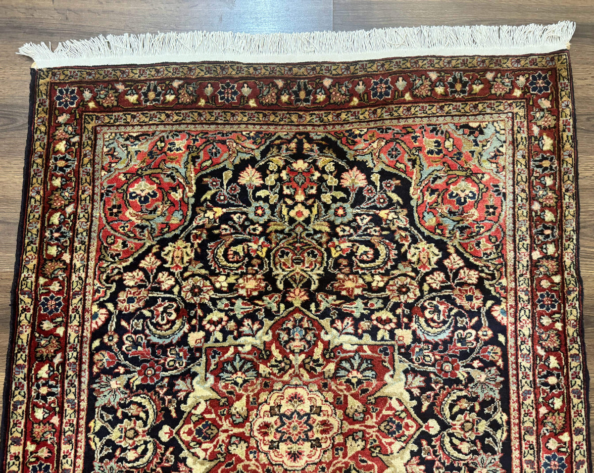 Antique Persian Sarouk Rug 4x5, Dark Blue and Red, Floral Medallion, Fine