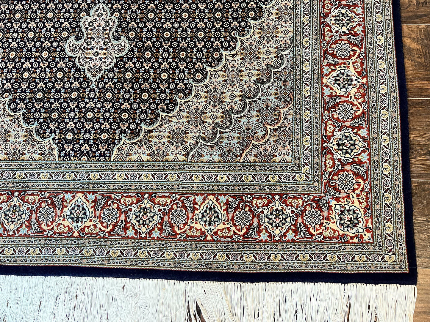 Persian Tabriz Rug 5x7, Wool with Silk Highlights, Hand Knotted Vintage Oriental Carpet, Very Fine, Herati Mahi Pattern, Black, Rare - Nuvé