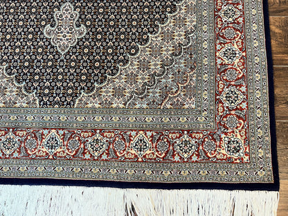 Persian Tabriz Rug 5x7, Wool with Silk Highlights, Hand Knotted Vintage Oriental Carpet, Very Fine, Herati Mahi Pattern, Black, Rare - Nuvé