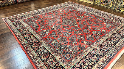 Square Persian Sarouk Rug 11x11 ft, Rare Size, Hand Knotted Wool Floral Allover Red Persian Carpet, Handmade Antique Rug - Nuvé