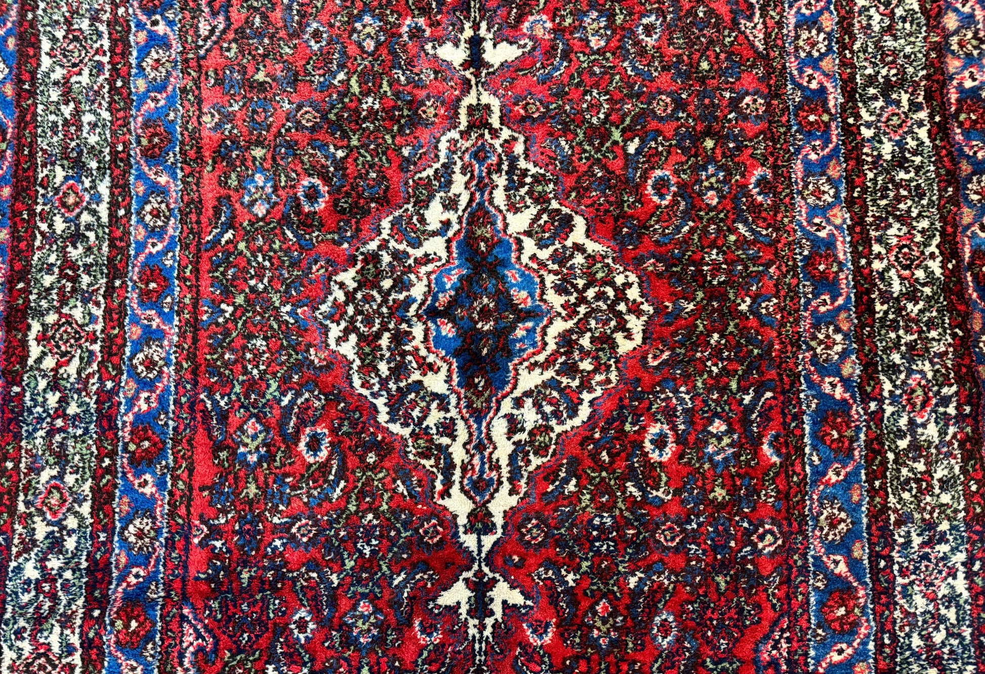 Persian Tribal Rug 6x11, Red Blue Ivory, Antique Persian Carpet, Hamadan Dargazin Carpet - Nuvé