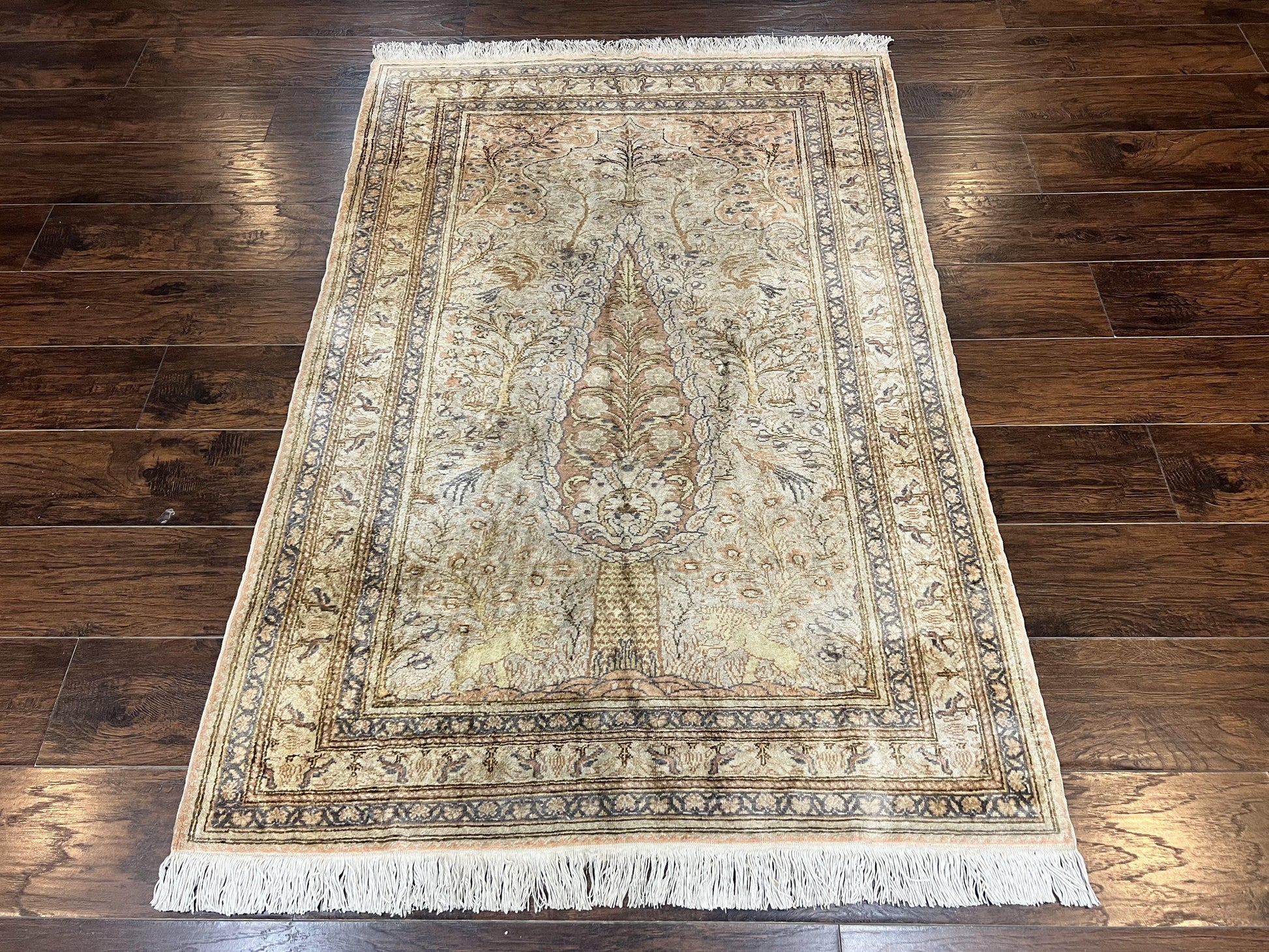Turkish Kayseri Silk Rug 4x6, Tree of Life Pattern, Vintage Handmade Hand Knotted Carpet, Animal Pictorials, Birds - Nuvé