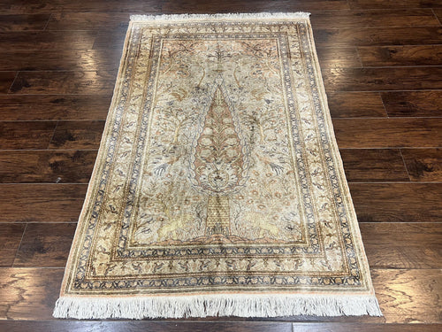 Turkish Kayseri Silk Rug 4x6, Tree of Life Pattern, Vintage Handmade Hand Knotted Carpet, Animal Pictorials, Birds - Nuvé