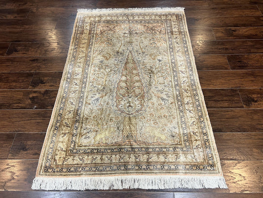 Turkish Kayseri Silk Rug 4x6, Tree of Life Pattern, Vintage Handmade Hand Knotted Carpet, Animal Pictorials, Birds - Nuvé