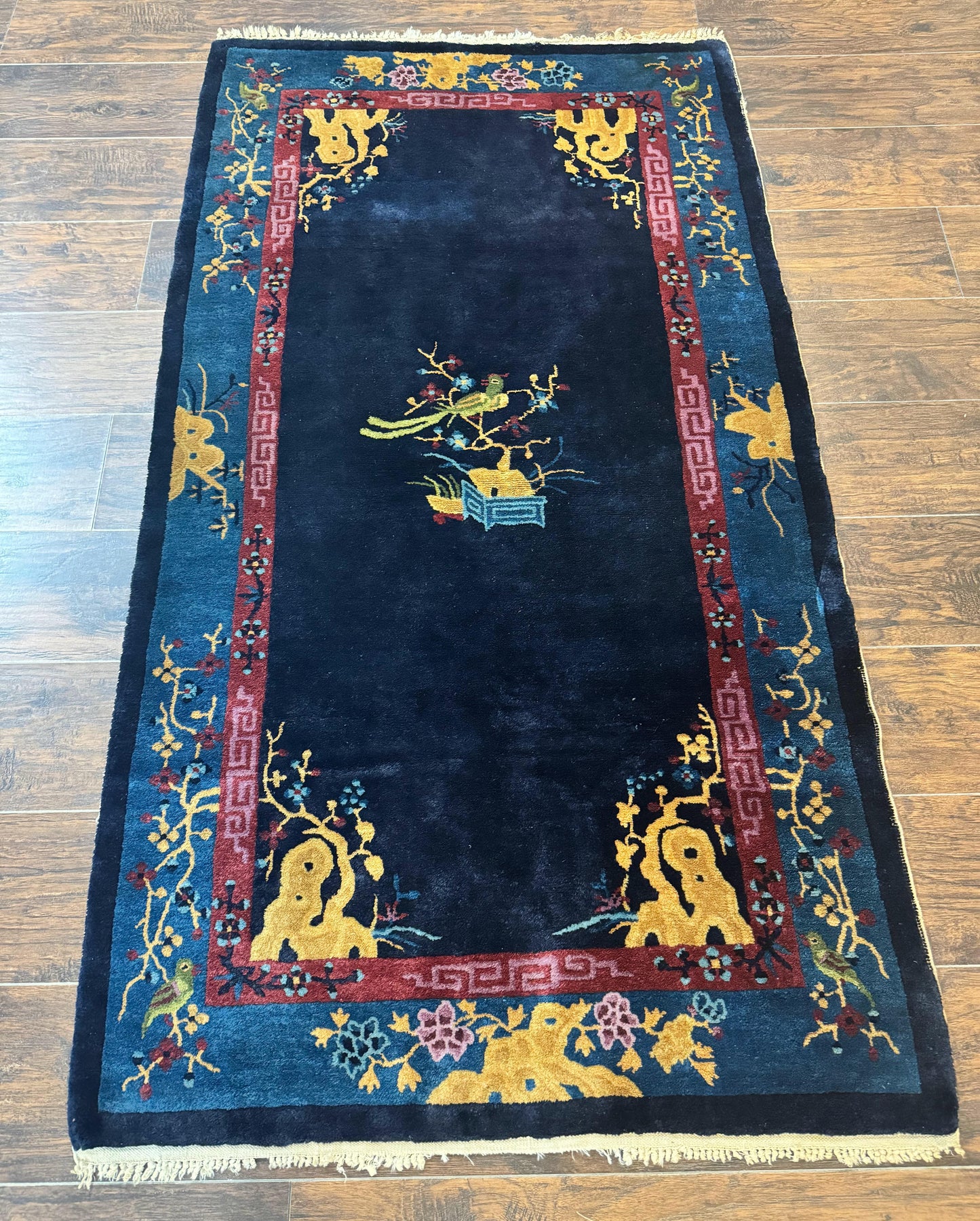 Antique Chinese Peking Rug 3x6, Dark Blue, Bird Motif, Handmade Wool Art Deco Asian Oriental Carpet, Pair B - Nuvé