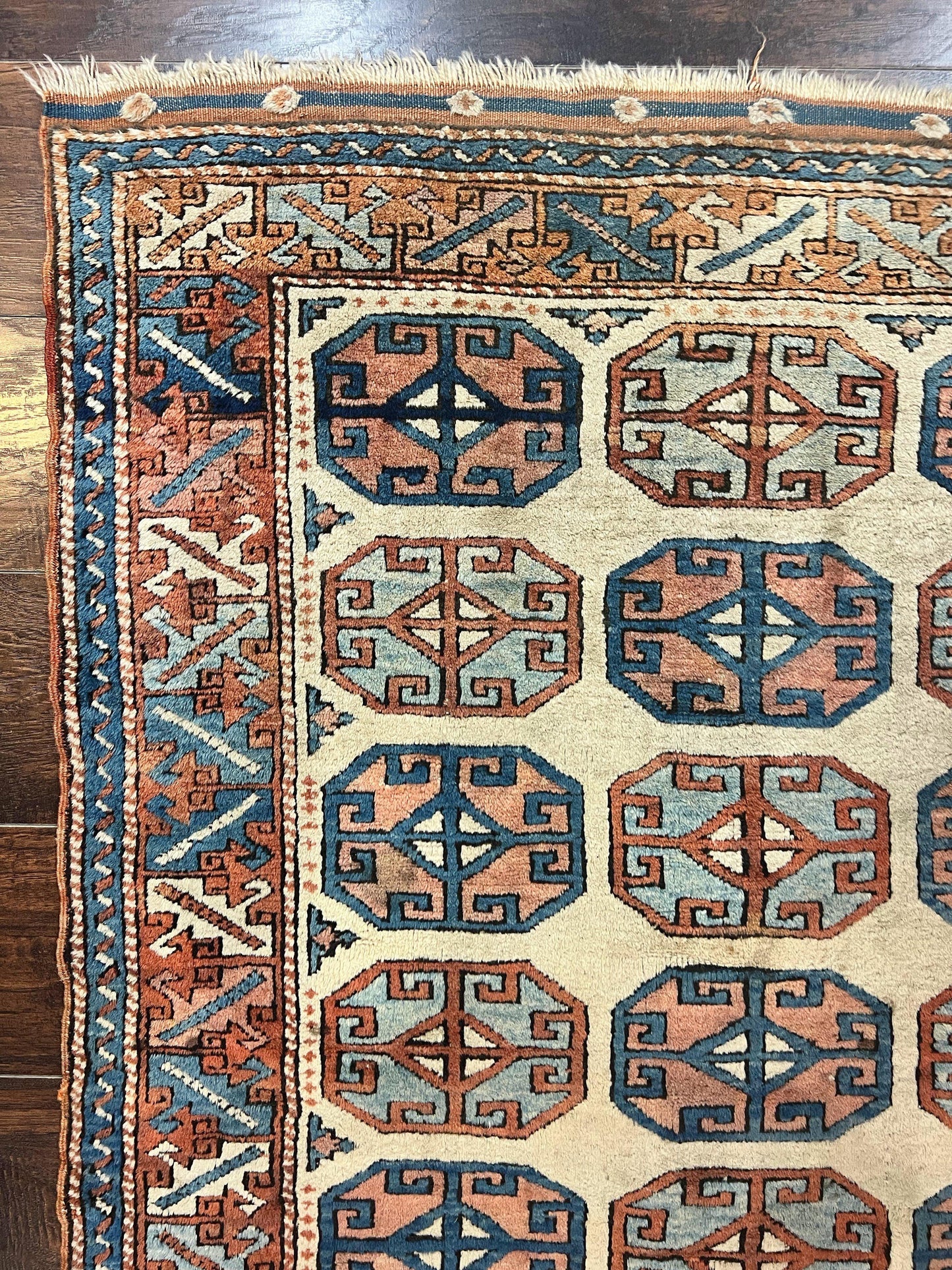 Turkish Kazak Rug 3x4, Wool Hand Knotted Handmade Vintage Carpet, Geometric Tribal Repeated Motif, Small 3 x 4 Antique Rug, Cream Red - Nuvé