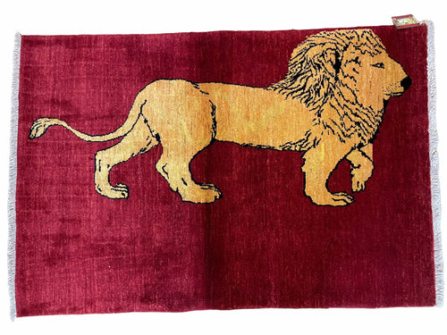 3 X 5 Handmade Hand-Knotted Quality Wool Rug Lion Red Veg Dyes Tribal Pictorial - Nuvé