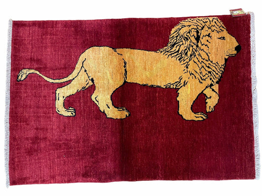3 X 5 Handmade Hand-Knotted Quality Wool Rug Lion Red Veg Dyes Tribal Pictorial - Nuvé