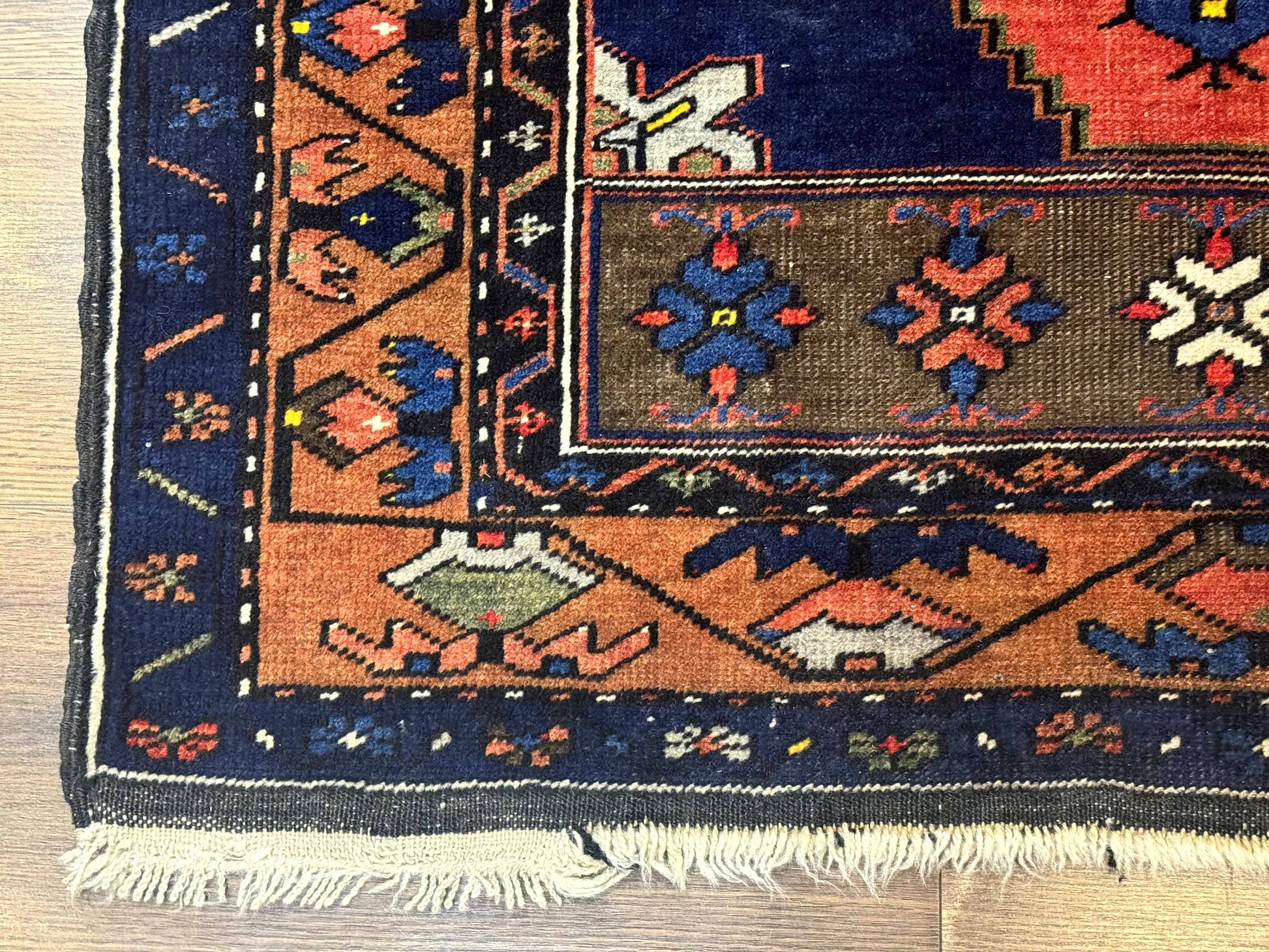 Persian Rug 3x6, Geometric Medallion, Village Tribal Rug, Terracotta and Navy Blue, Antique Nahavand Hamadan Rug - Nuvé
