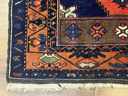 Persian Rug 3x6, Geometric Medallion, Village Tribal Rug, Terracotta and Navy Blue, Antique Nahavand Hamadan Rug - Nuvé