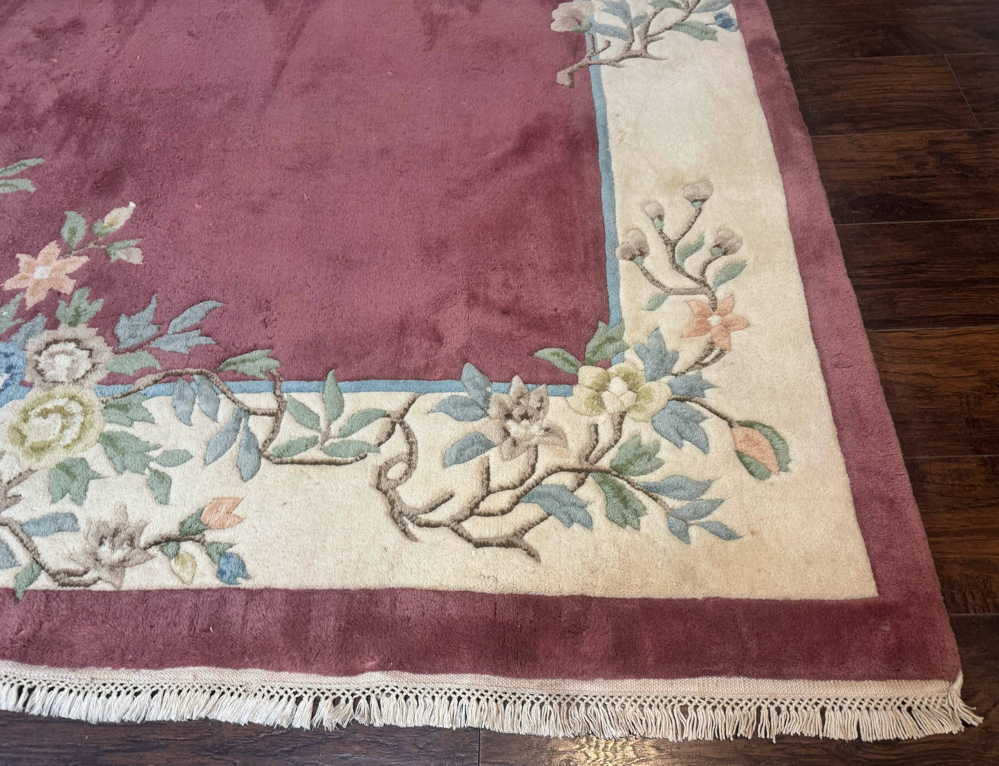 Indo Chinese Art Deco Rug 9x12, Pink and Ivory, Open Filed, Floral, Wool - Nuvé