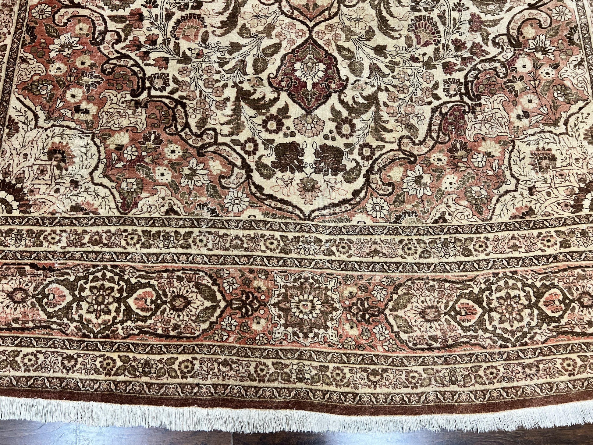 Antique Persian Tabriz Rug 10x12, Wool Hand Knotted Oriental Carpet, Beige Light Red, Floral Medallion - Nuvé