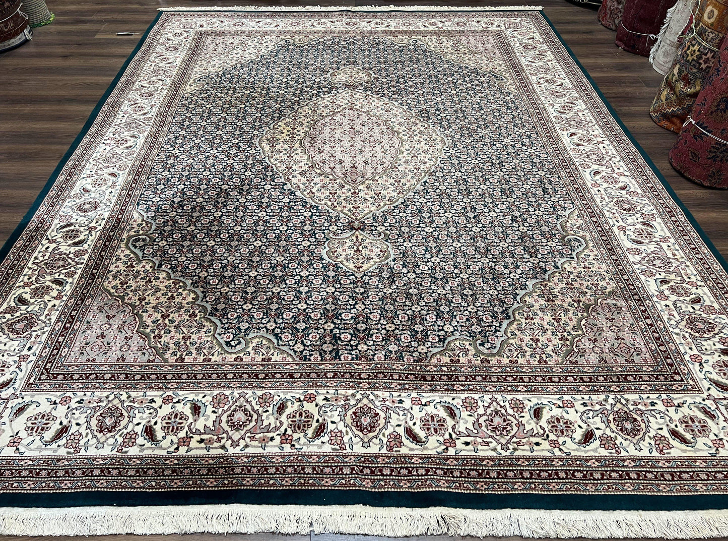 Sino Persian Rug 9x12, Dark Green and Ivory, Medallion, Mahi Herati, Elegant Oriental Carpet, Wool Hand Knotted Traditional Room Sized Rug - Nuvé