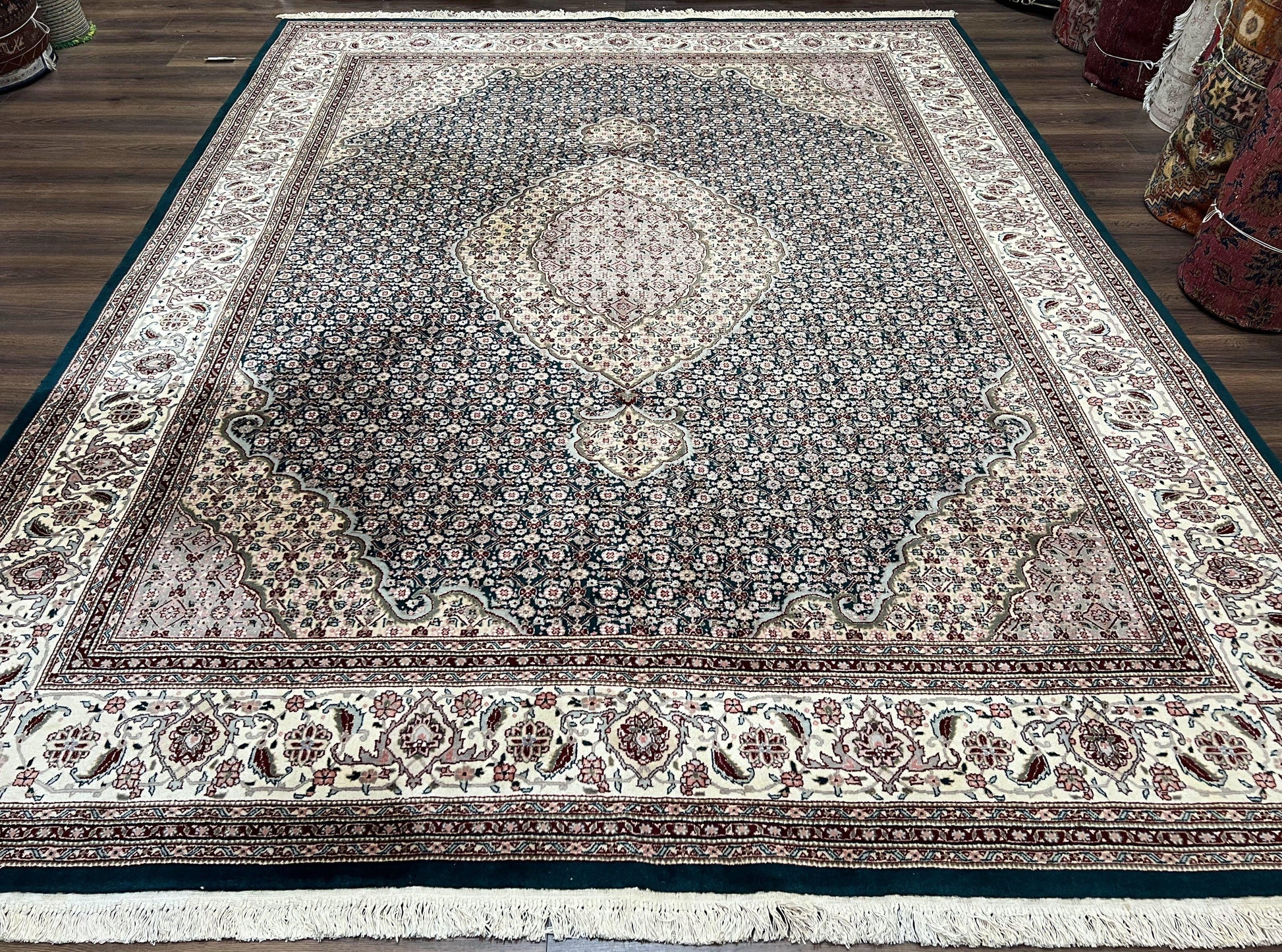 Sino Persian Rug 9x12, Dark Green and Ivory, Medallion, Mahi Herati, Elegant Oriental Carpet, Wool Hand Knotted Traditional Room Sized Rug - Nuvé