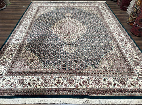 Sino Persian Rug 9x12, Dark Green and Ivory, Medallion, Mahi Herati, Elegant Oriental Carpet, Wool Hand Knotted Traditional Room Sized Rug - Nuvé