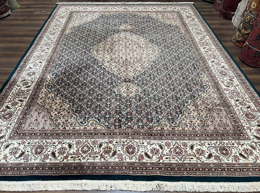 Sino Persian Rug 9x12, Dark Green and Ivory, Medallion, Mahi Herati, Elegant Oriental Carpet, Wool Hand Knotted Traditional Room Sized Rug - Nuvé