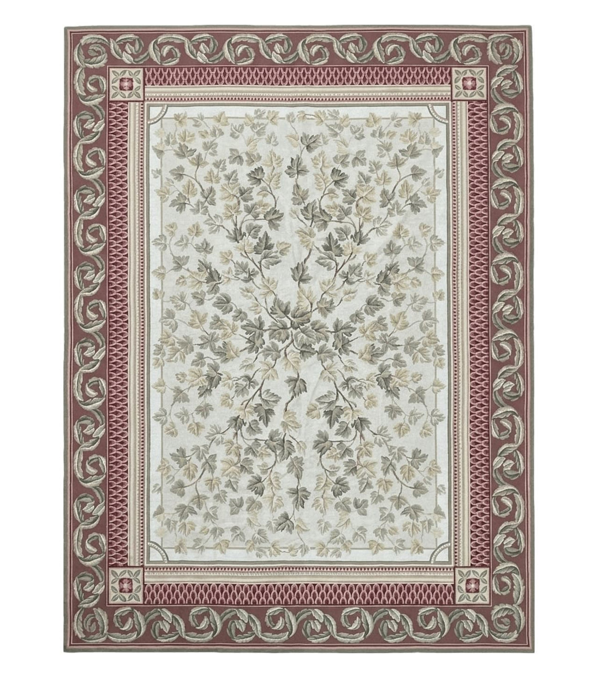 Aubusson Needlepoint Rug 9x12, Flatweave Carpet, Leaves, Wool, New, Handmade
