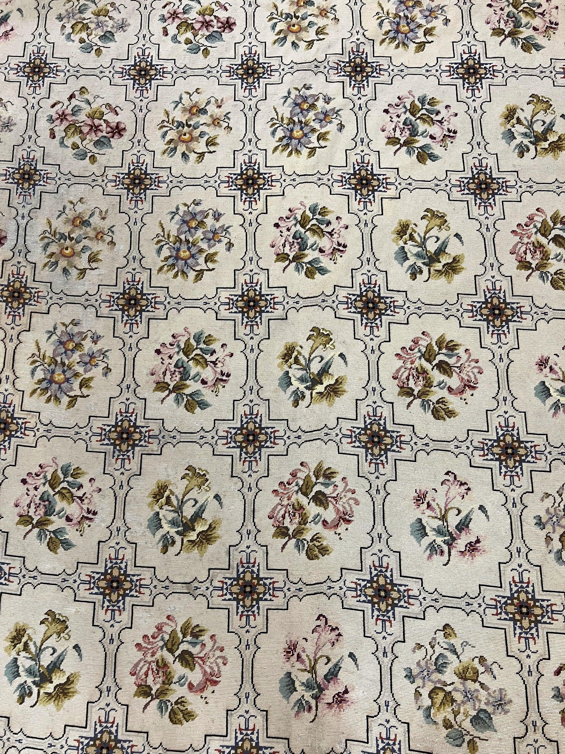 Needlepoint Rug 10x14, Wool Handmade Vintage Needlepoint Carpet, Floral Panel Design, Ivory/Cream - Nuvé
